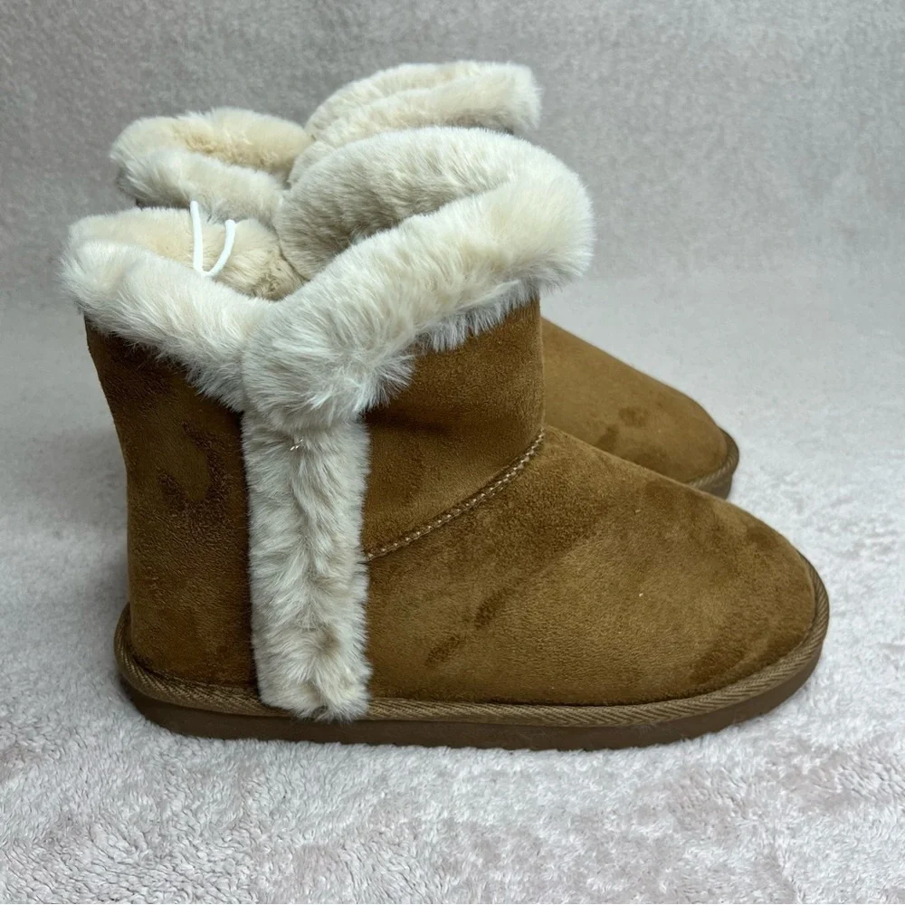 NEW Pescool Faux Suede/Fur Boots/Slippers Brown Kids 3 Winter Cozy Warm Boho